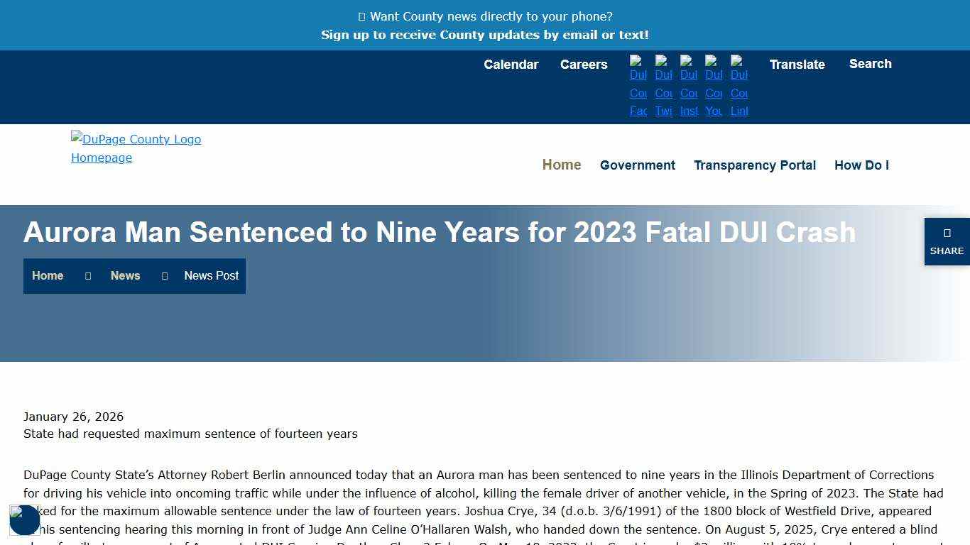 Aurora Man Sentenced to Nine Years for 2023 Fatal DUI Crash DuPage Co, IL